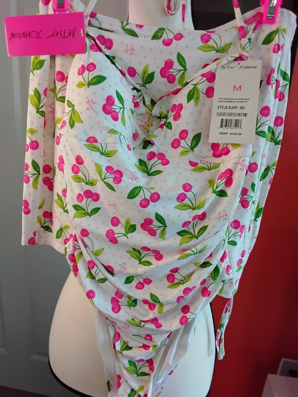 Betsey Johnson White & Pink Cherry Print Swimsuit With Cover Up - M